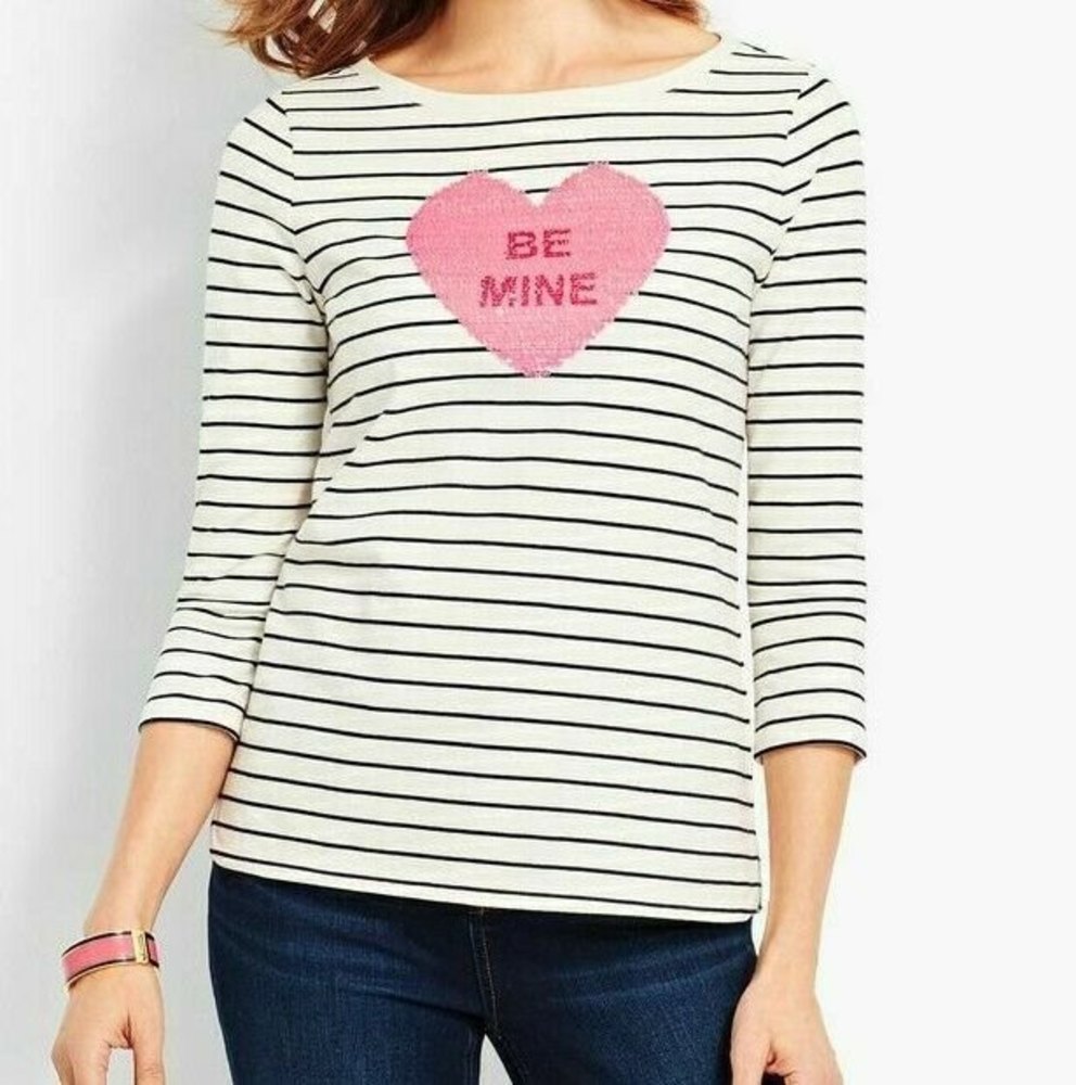 Talbots Stripe Be Mine Sequin Heart Tee 3/4 Sleeve Size XS Ivory Black Pink NWT